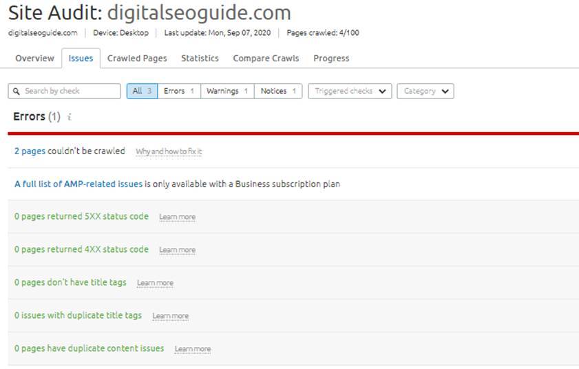 semrush site audit issues